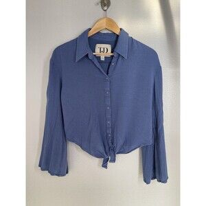 TJD|The Jetset Diaries|Blue Cropped Tie Button Blouse Long Bell Sleeve S Revolve